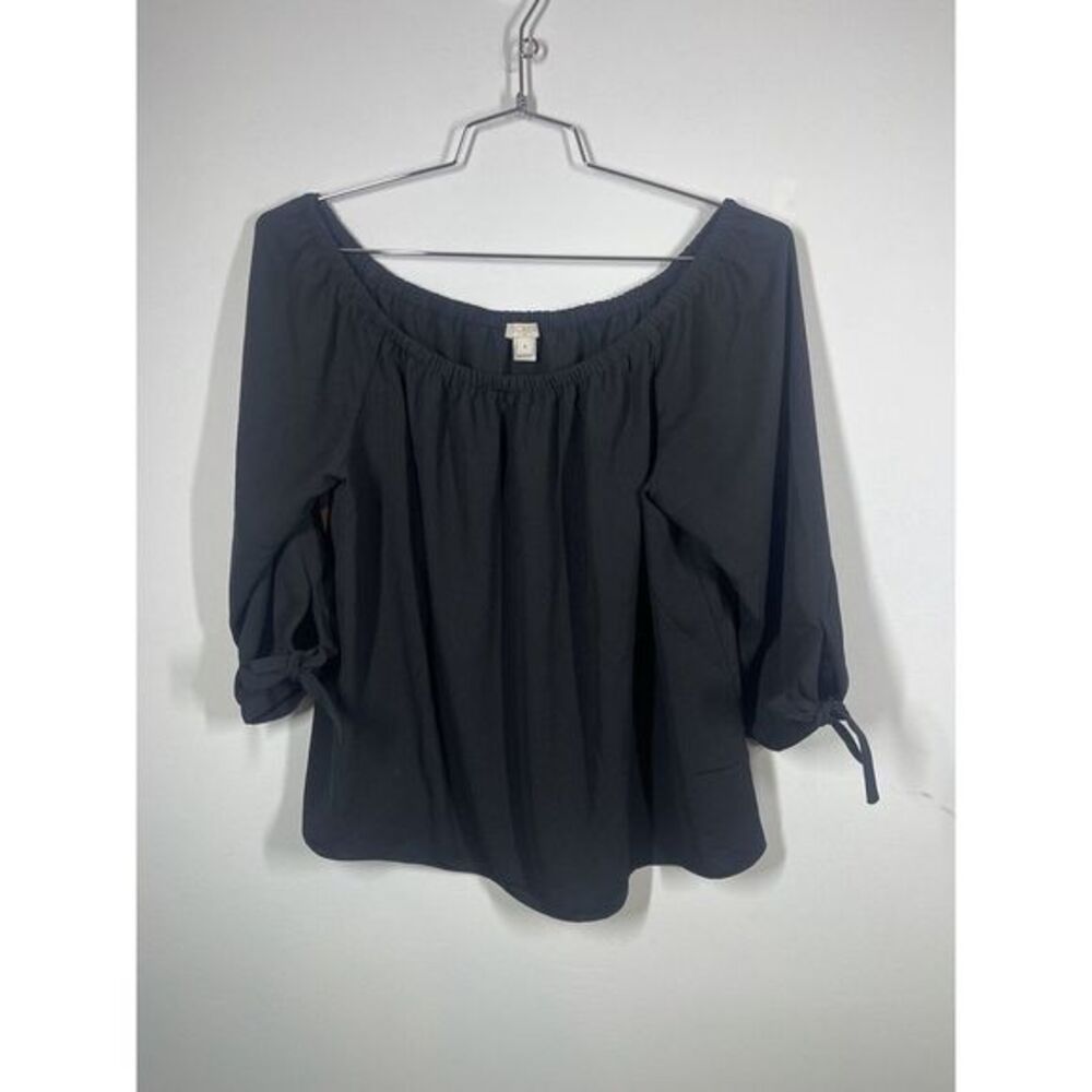 J. Crew Factory Off Shoulder‎ Top Black With Tie Accents On Sleeves Med Romantic